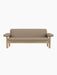 Front view of the Brasilia Sofa. The two-seater has a natural oak frame with rounded legs and exaggerated, padded armrests.