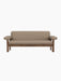 Front view of the Brasilia Sofa, featuring a solid walnut wood frame and light brown Logan Flint textile upholstery.