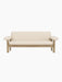 A front-on view of the Brasilia Sofa, featuring a natural oak frame with rounded armrests and plush Logan Jasmine upholstery.