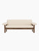 Front view of the Brasilia Sofa with a dark walnut frame and light-coloured Logan Jasmine textile upholstery.