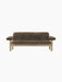 A front view of the two-seater Brasilia Sofa, upholstered in dark brown sheepskin with a solid natural oak frame.