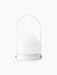 The Carrie Table Lamp, Portable, in white. It features a frosted glass orb on a round base with a thin handle.