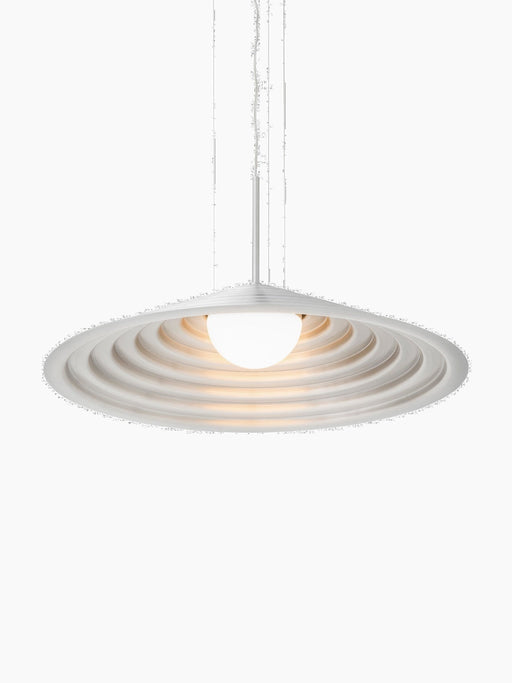 Bottom view of the lit Chancery Pendant Lamp, showing the glowing opal bulb inside its rippled, stepped aluminium shade.