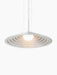 Bottom view of the lit Chancery Pendant Lamp, showing the glowing opal bulb inside its rippled, stepped aluminium shade.