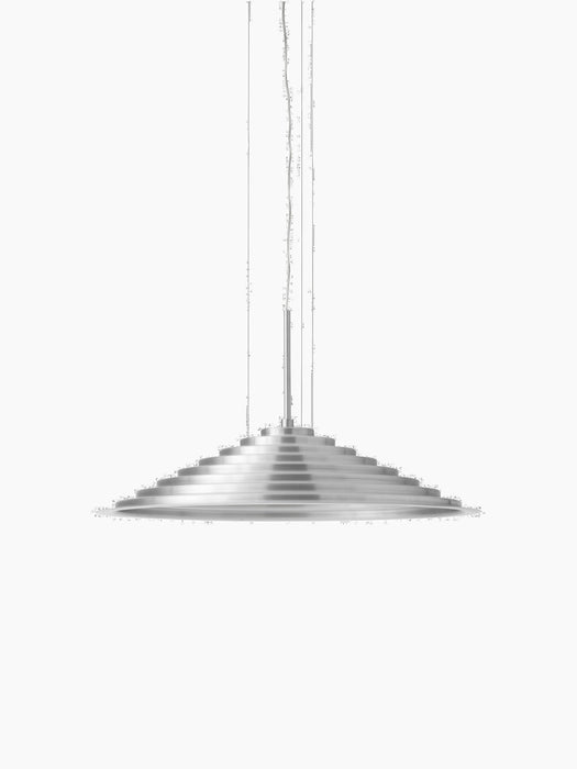 Front view of the Chancery Pendant Lamp, with a rippled, stepped silhouette in brushed aluminium against a black background.