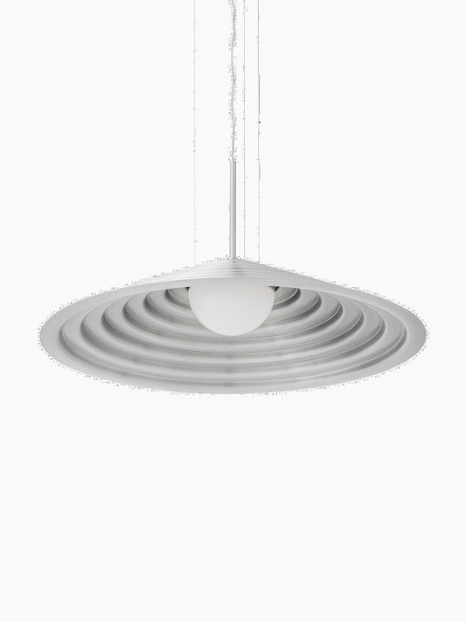A view from below of the Chancery Pendant Lamp, showing its wide, rippled brushed aluminium shade and central opal bulb.