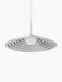 A view from below of the Chancery Pendant Lamp, showing its wide, rippled brushed aluminium shade and central opal bulb.