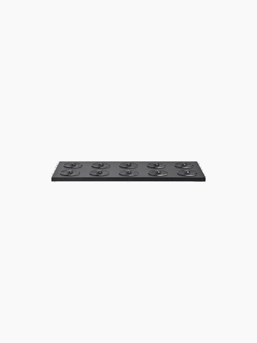 Front view of a long, rectangular black Charging Board with ten circular charging docks arranged in two rows on its surface.
