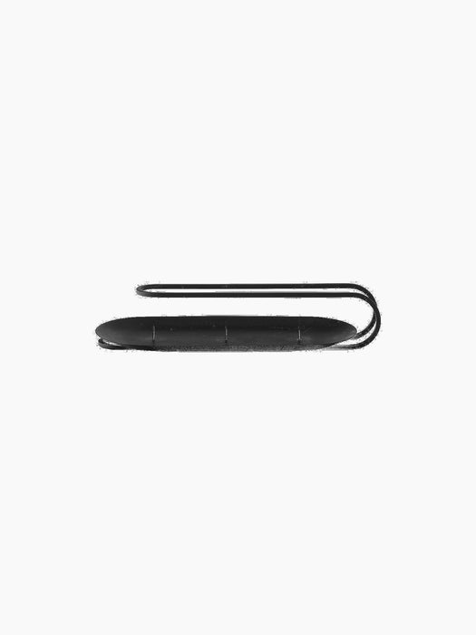 Front view of the black Clip Candle Holder Table 3-arm with a long oval base for three candles and a minimalist looped handle