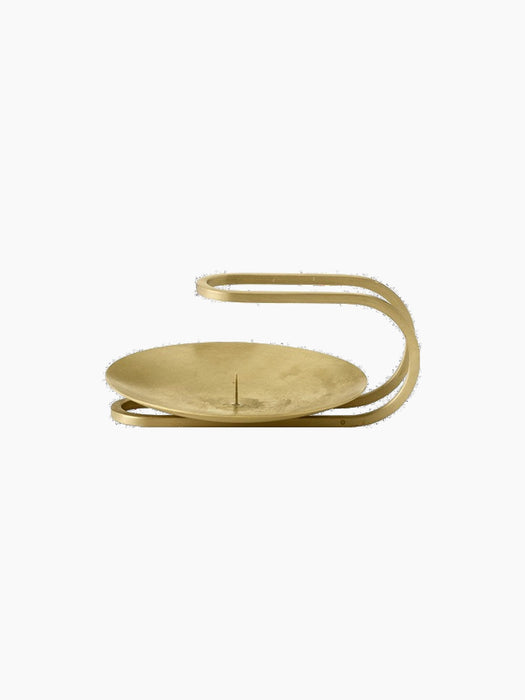 Front view of the Clip Candle Holder in brushed brass. Minimalist design with a round tray, spike and elegant handle.