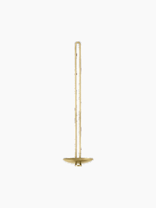 Front view of the Clip Candle Holder in brushed brass, a tall, minimalist design with a long looped stem and a circular base.