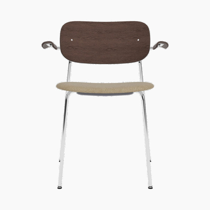 Co Dining Chair, upholstered seat with armrest, Chrome - Dark Stained Oak | Audo Bouclé 02