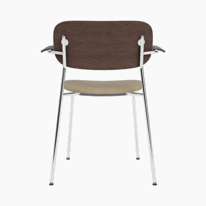 Co Dining Chair, upholstered seat with armrest, Chrome - Dark Stained Oak | Audo Bouclé 02
