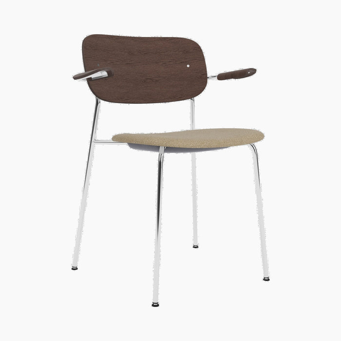 Co Dining Chair, upholstered seat with armrest, Chrome - Dark Stained Oak | Audo Bouclé 02