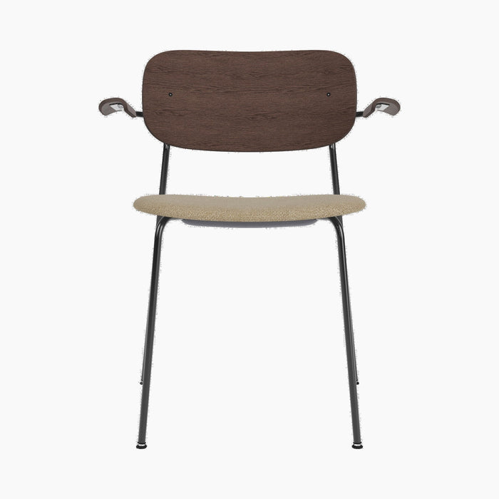 Co Dining Chair, upholstered seat with armrest, Black Frame - Dark Stained Oak | Audo Bouclé 02