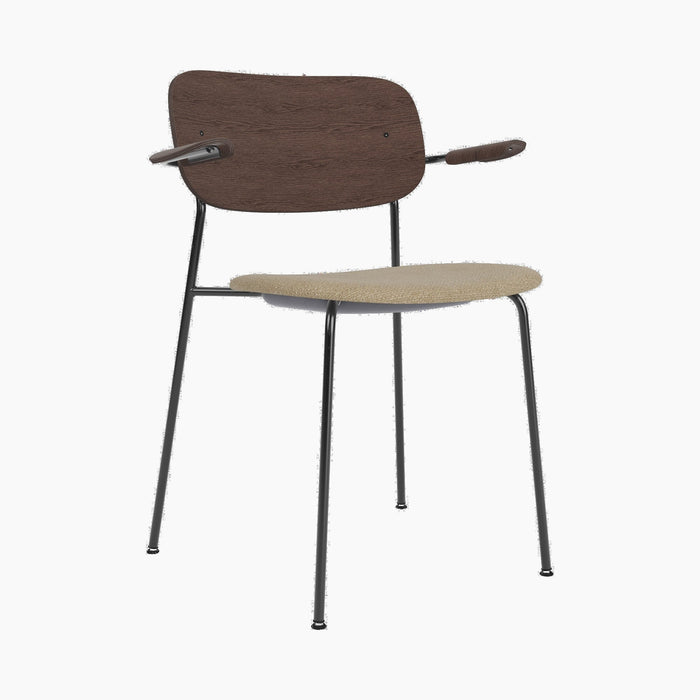 Co Dining Chair, upholstered seat with armrest, Black Frame - Dark Stained Oak | Audo Bouclé 02
