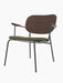 A Co Lounge Chair with a dark stained oak backrest, an army green upholstered seat, and a black metal frame.