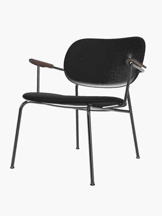 Co Lounge Chair with a slender black metal frame, black leather upholstery, and dark stained oak armrests.
