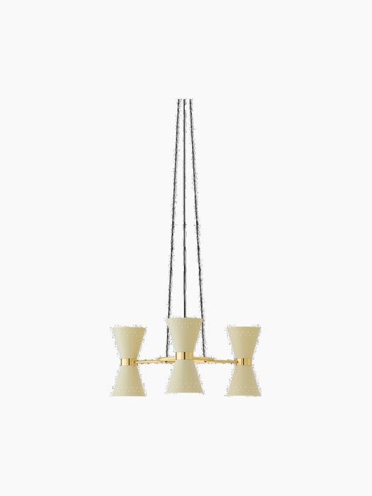 A front-on view of the Collector Chandelier, 3. The fixture has three cream, perforated shades on a horizontal brass bar.
