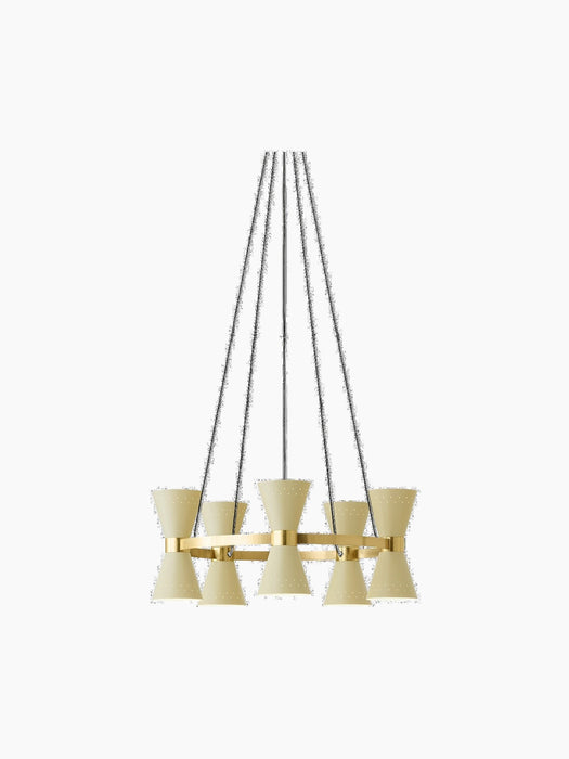 The Collector Chandelier, 5, seen from the front. It features a polished brass band holding ten cream perforated shades.
