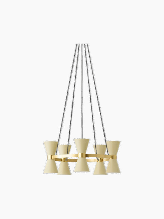 Front view of the Collector Chandelier, 5, featuring cream-coloured, hourglass-shaped shades on a polished brass band.