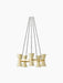 Front view of the Collector Chandelier, 5, featuring cream-coloured, hourglass-shaped shades on a polished brass band.