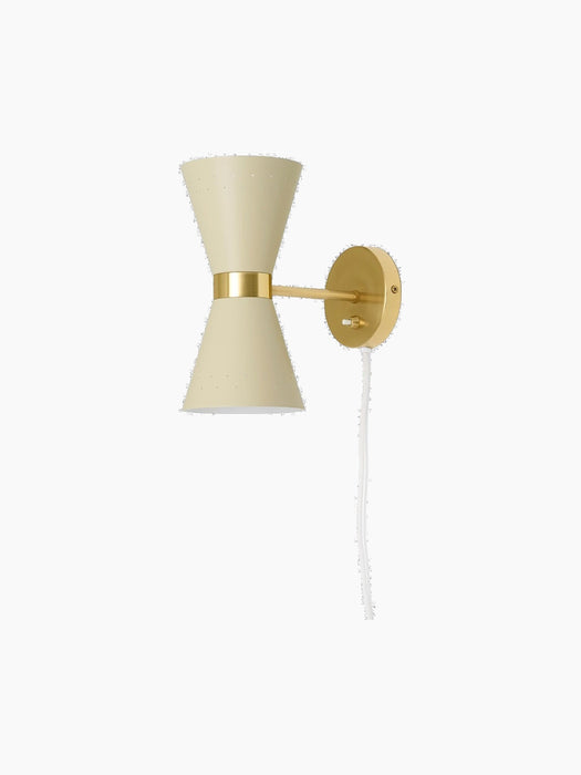 Side view of the Collector Wall Lamp with a cream-coloured hourglass shade, polished brass band, and matching wall mount.