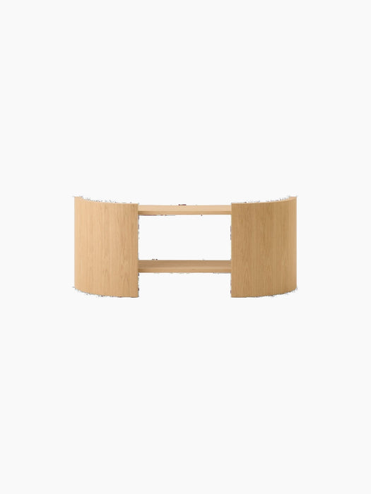 Back view of a minimalist console table in light oak, featuring two curved sides connected by a pair of open shelves.
