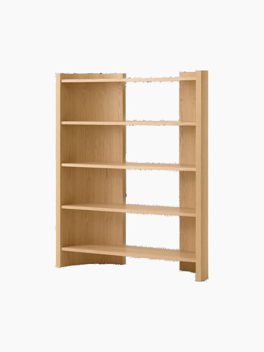 Angled view of a minimalist, light oak bookshelf with five shelves and a partial open-back design against a black background.