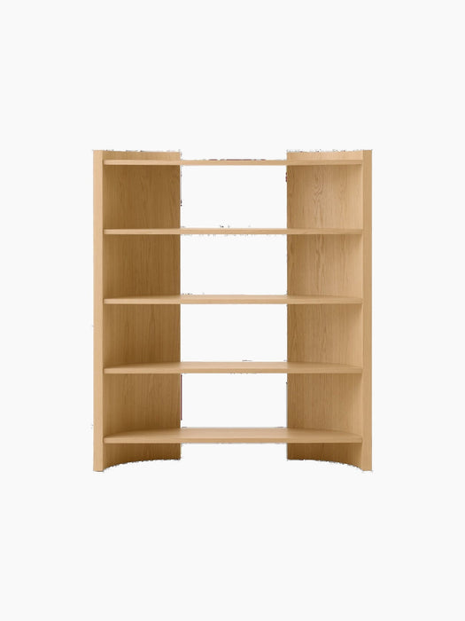Front view of a natural oak bookcase with four shelves and a central divider. The top and bottom shelves have a gentle curve.