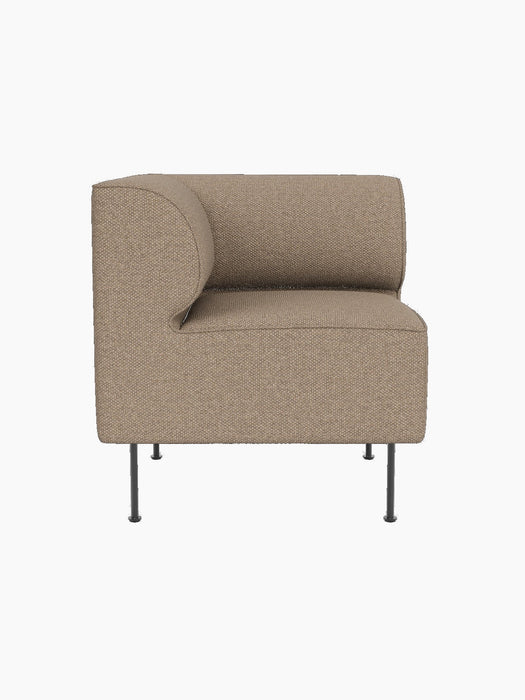 Front view of the Eave Dining Sofa, Corner module in textured Logan Flint upholstery with a curved back and slim metal legs.