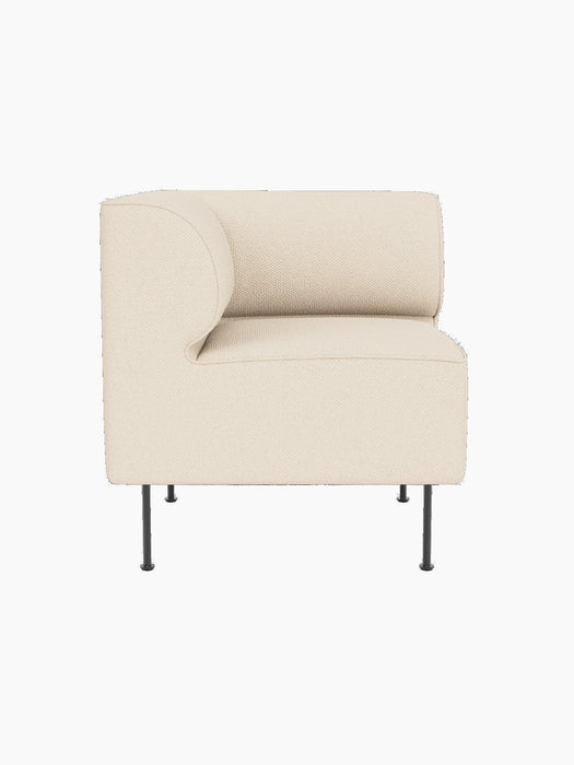 Eave Dining Sofa, Corner module upholstered in light cream Logan Jasmine, with a curved backrest and slender black legs.