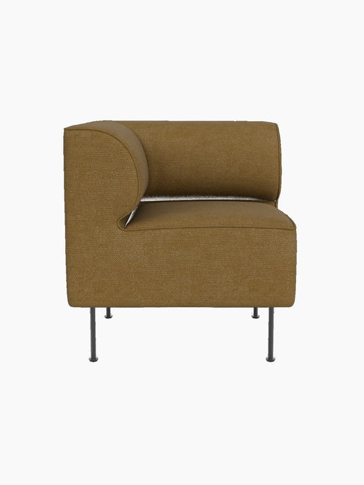 Front view of the Eave Dining Sofa, Corner module, upholstered in mustard-coloured Audo Bouclé 06 on slender metal legs.