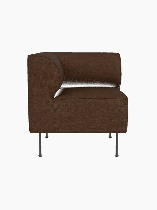 Eave Dining Sofa, Corner module, upholstered in brown Audo Bouclé 07 fabric, showing its curved backrest and slim metal legs.