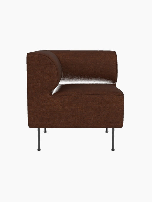 Front view of an Eave Dining Sofa Corner module in textured brown Audo Bouclé 08 with a curved back and slim metal legs.