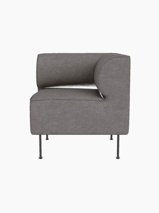 Front view of the Eave Dining Sofa, Corner module, in grey Audo Bouclé 16 fabric, showing its rounded corner and slim legs.
