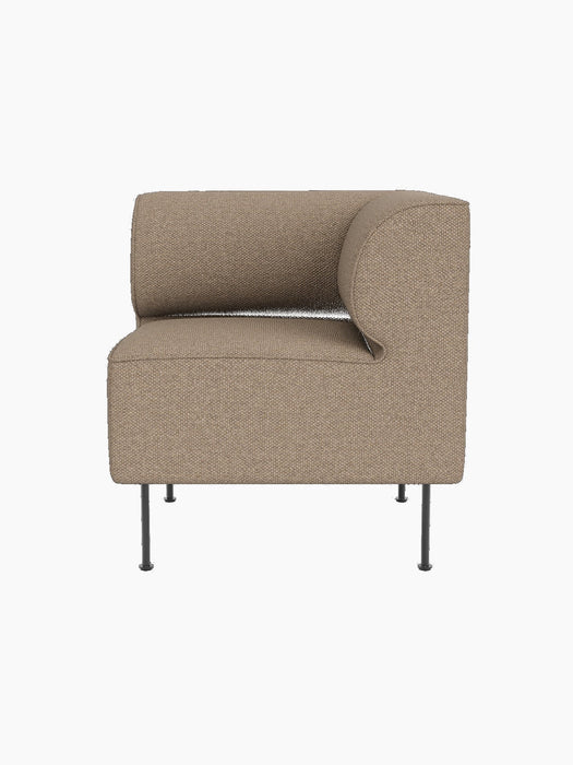 Front view of the Eave Dining Sofa Corner module upholstered in light brown, textured Logan Flint fabric on slim black legs.