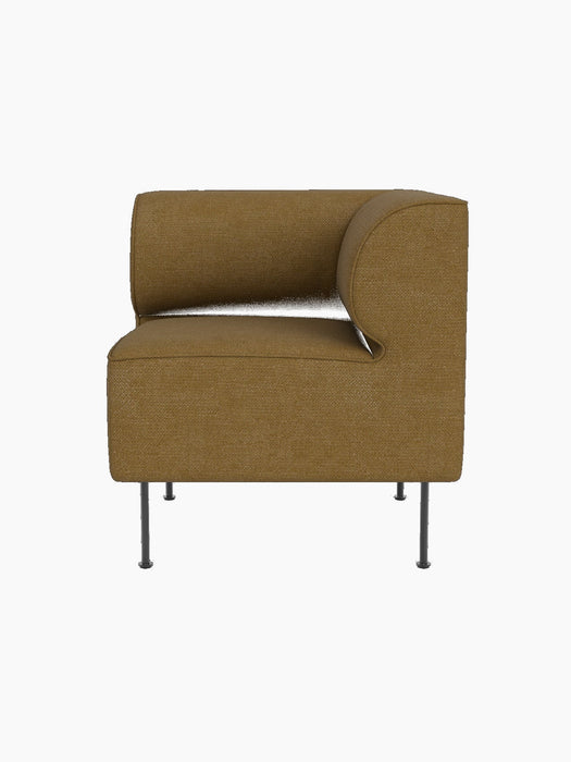 Front view of Eave Dining Sofa Corner module in golden-brown Audo Bouclé 06 fabric, with a curved back and thin metal legs.