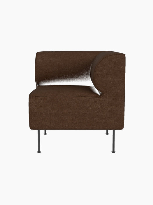 Front view of the Eave Dining Sofa, Corner module, upholstered in brown Audo Bouclé 07 fabric with slender metal legs.