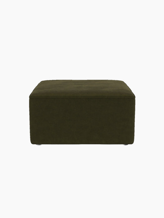 A front view of the Eave Modular Pouf, 75. The square pouf is upholstered in dark olive green fabric on a black background.
