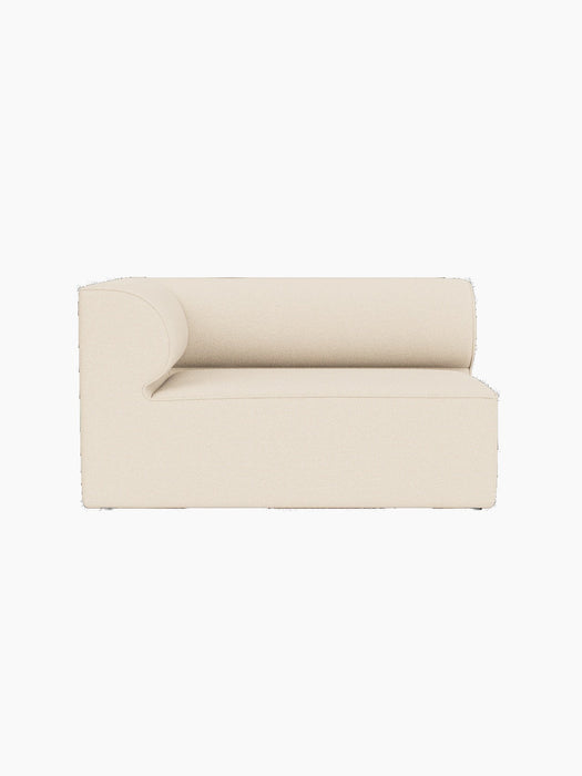 Top-down view of the Eave Modular Sofa, Corner 129, in textured, cream-coloured Logan Jasmine fabric on a black background.