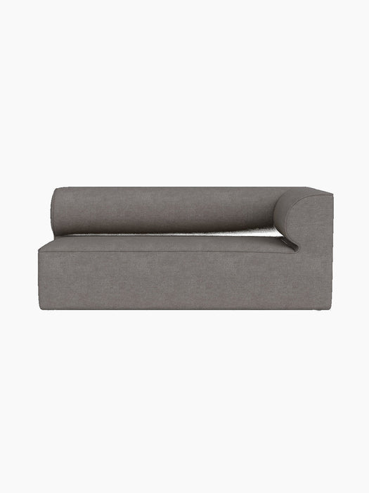 A top-down view of the Eave Modular Sofa, 86, Corner 172 in light brown Audo Bouclé 16 fabric, on a black background.