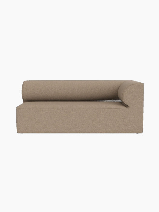 Front view of the Eave Modular Sofa's corner piece in light brown Logan Flint fabric. It has a low back and a curved armrest.