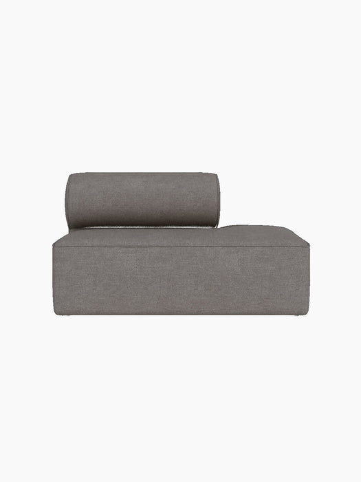 Slightly elevated front view of the Eave Modular Sofa, 86, Open End module in textured, grey-brown Audo Bouclé 16 fabric.