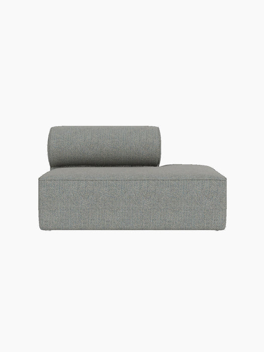 A side view of the Eave Modular Sofa, 86, Open End module in a light grey textured upholstery against a black background.