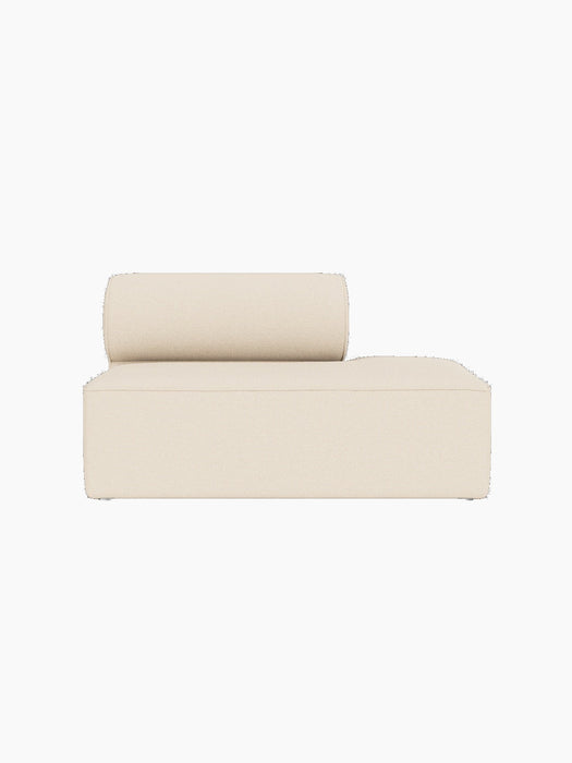 A top-down view of the Eave Modular Sofa, 86, Open End module in a light beige Logan Jasmine fabric, on a black background.