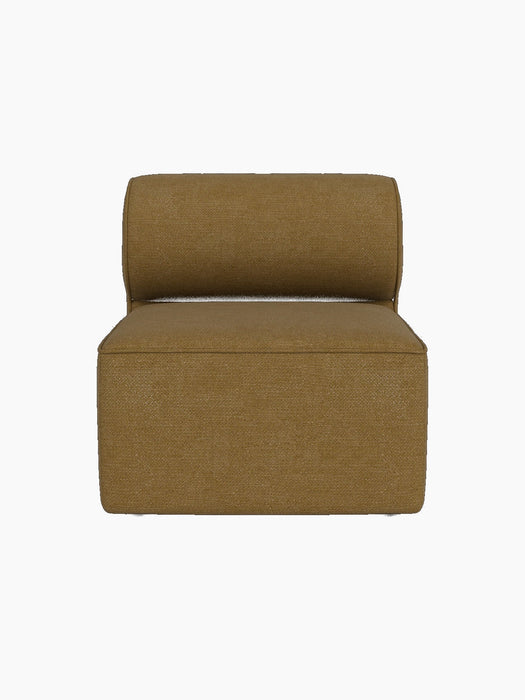 Front view of the Eave Modular Sofa, 86, Open Section, upholstered in a textured, mustard-coloured Audo Bouclé 06 fabric.