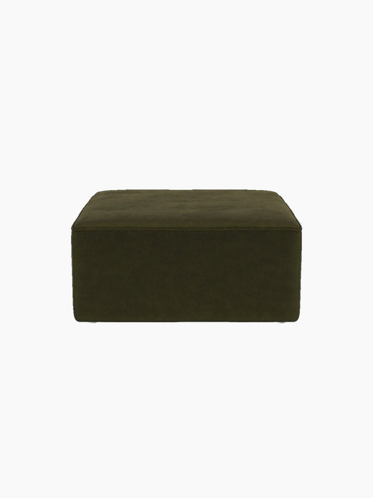 A front-facing view of the square Eave Modular Sofa, 86, Pouf in a dark olive green Champion fabric, on a black background.