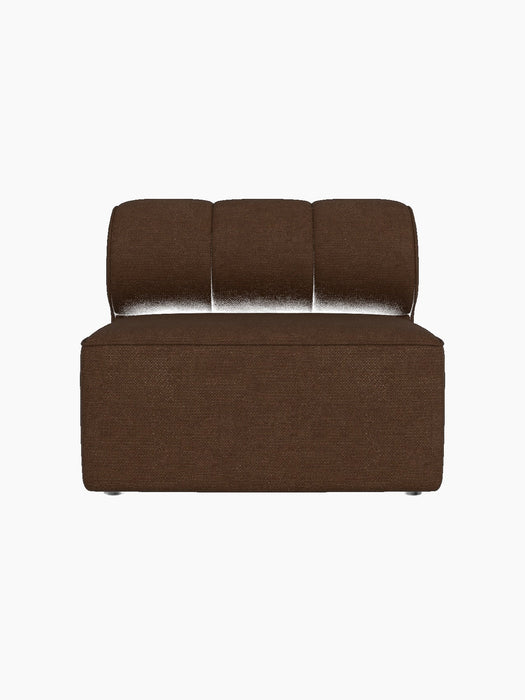 A top-down view of the Eave Seamline Modular Sofa, 86, Open Section, in a dark brown bouclé fabric on a black background.