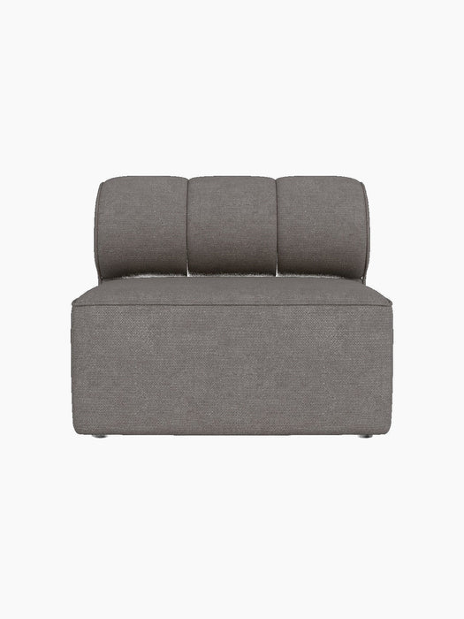 Front view of the armless Eave Seamline Modular Sofa, 86, Open Section, upholstered in grey Audo Bouclé on black.